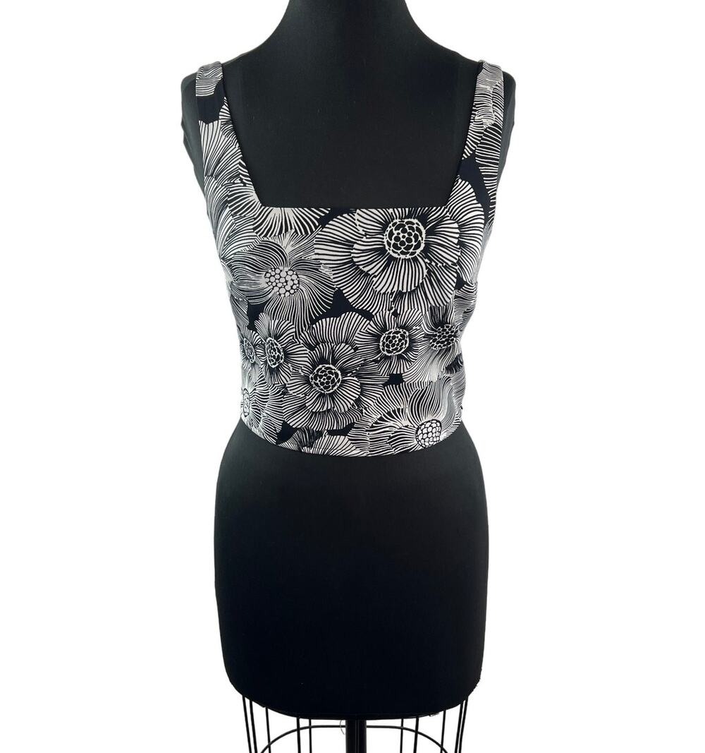 EXPRESS Black White Cropped Tank Floral Square Neck Straight Hem Size X-Small XS